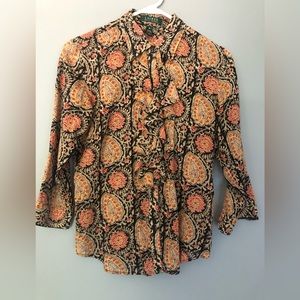 Lauren Ralph Lauren Size Medium 3/4 Open Cuff Sleeve Paisley Ruffle Blouse